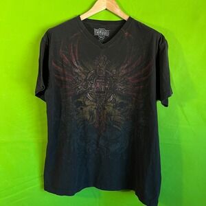 MMA Elite Mens XL Black Graphic V-Neck Shirt Gothic Wings Cross Skull Y2K Style